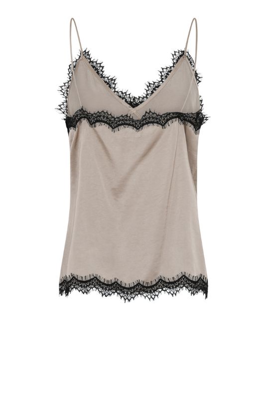 La Rouge Lotte | Satin top med blondekant i sand