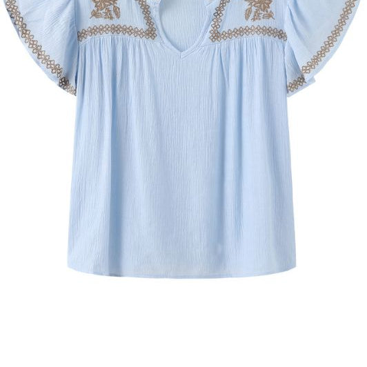Luxzuz Vika bluse I Lyseblå sommerbluse med kontrast broderi