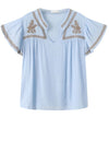 Luxzuz Vika bluse I Lyseblå sommerbluse med kontrast broderi