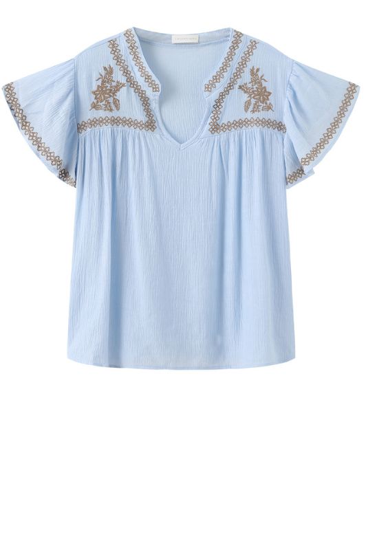 Luxzuz Vika bluse I Lyseblå sommerbluse med kontrast broderi