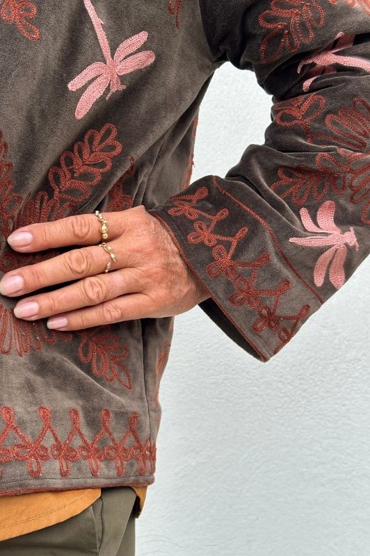 PRE ORDER Utah short velvet jacket I  Velourjakke med broderi i mørkebrun