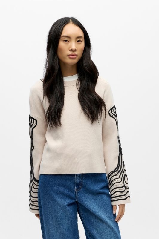 Object Reynard deco strik i Offwhite med sort broderi