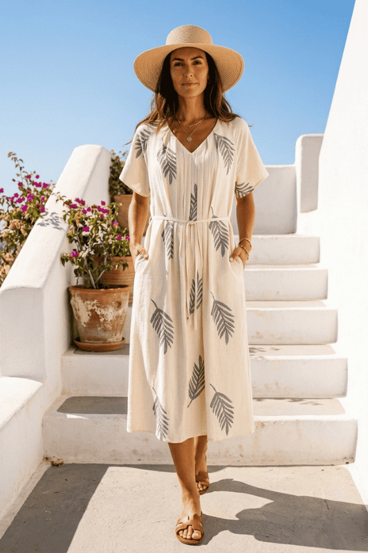 Prepair Maria dress | Sommerkjole i creme med bladprint I Dresslab