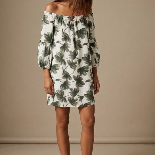 Moondust Lina khaki dress I Flot printet viskose sommerkjole