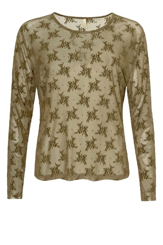 Ofelia Gitte bluse | Army meshbluse med tone i tone print