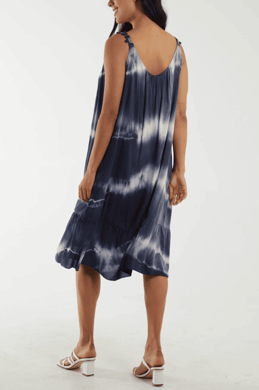 New London tie dye A-shape kjole i marine & khaki