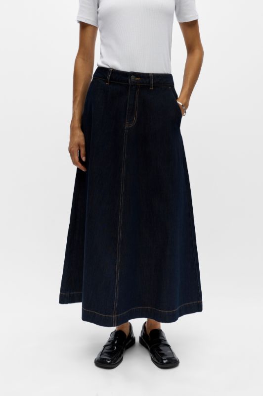 Object Isira skirt I Lang a-shape denim nederdel i mørk vask