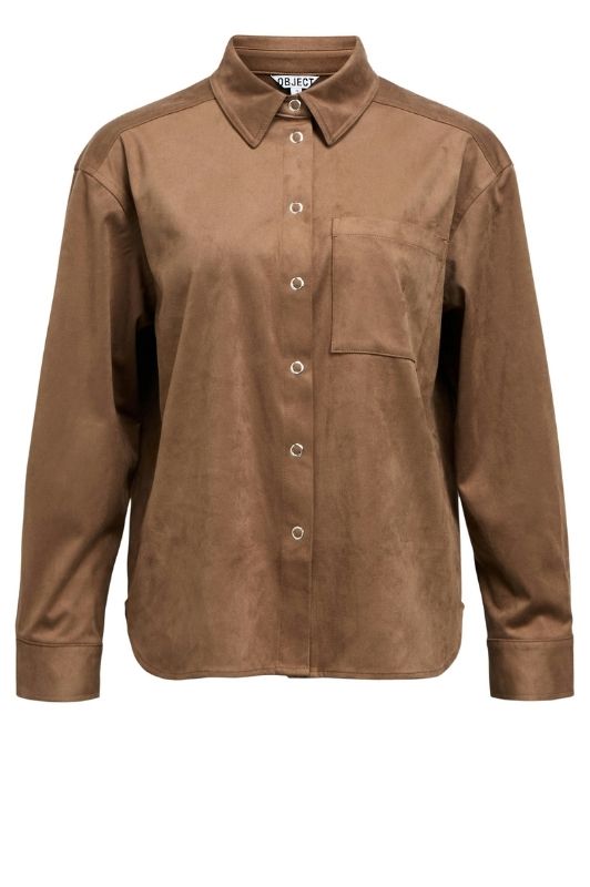 Object Fenja fake suede skjortebluse i cognac