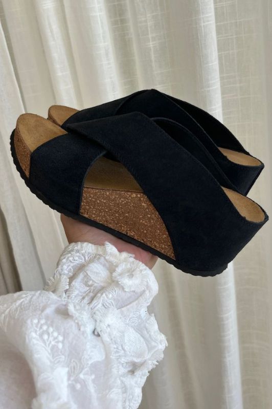 Copenhagen Shoes Frances sandal I Sort ruskind med kilehæl