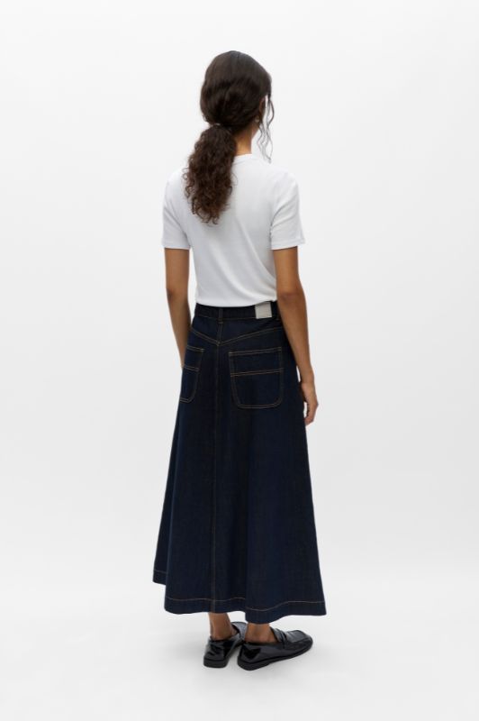Object Isira skirt I Lang a-shape denim nederdel i mørk vask