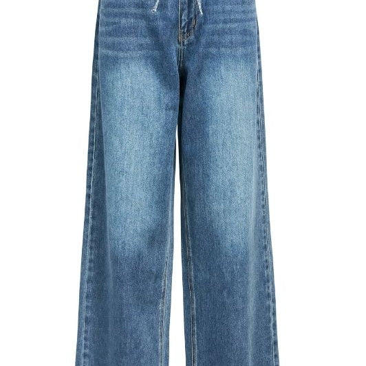 Object Rosie denim pant med bindebånd i taljen | Mørk blå vask