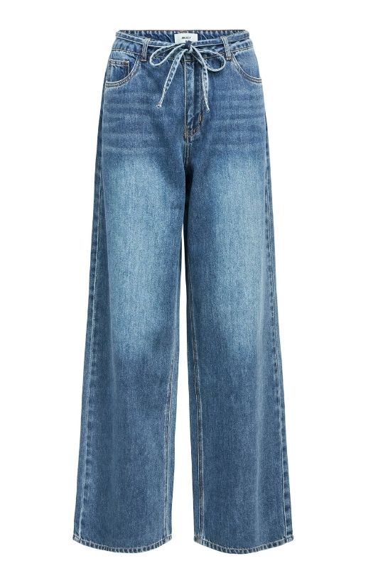 Object Rosie denim pant med bindebånd i taljen | Mørk blå vask