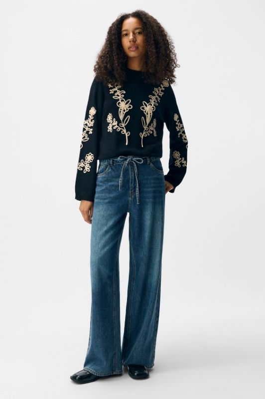 Object Rosie denim pant med bindebånd i taljen | Mørk blå vask