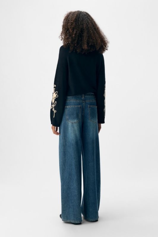 Object Rosie denim pant med bindebånd i taljen | Mørk blå vask