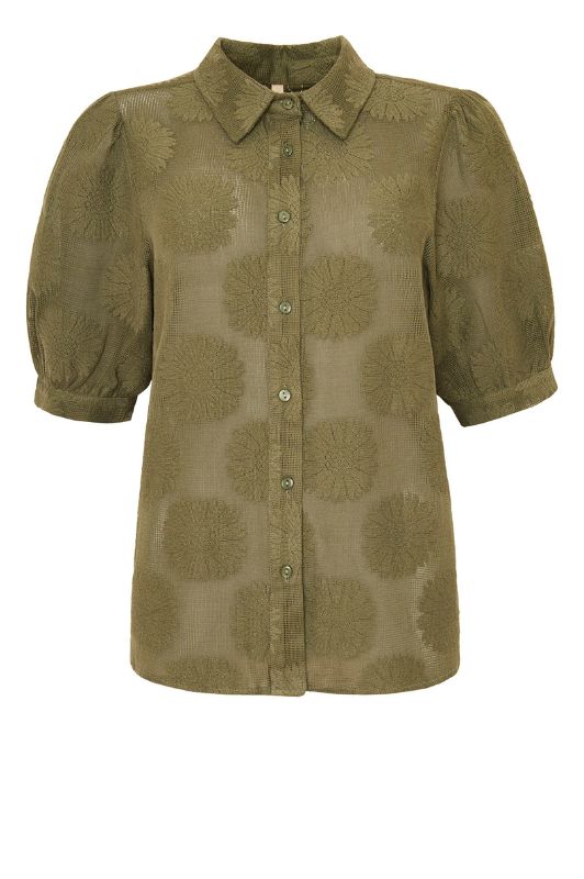 Ofelia Lola blouse I Fin strikbluse med blomstermotiv i armygrøn