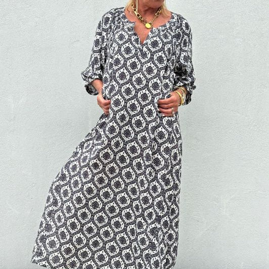 Gaspar Athen print kaftan | Sort med hvidt print I Dresslab