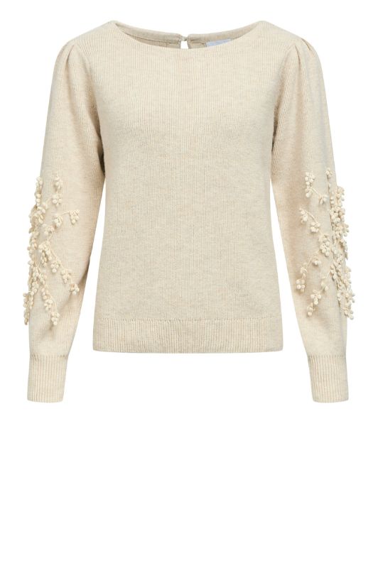 Object Lucca pullover I Strikbluse i creme med blomsterbroderi