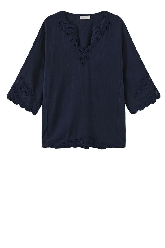 Luxzuz Vicha hørbluse i navy med blonde I Dresslab